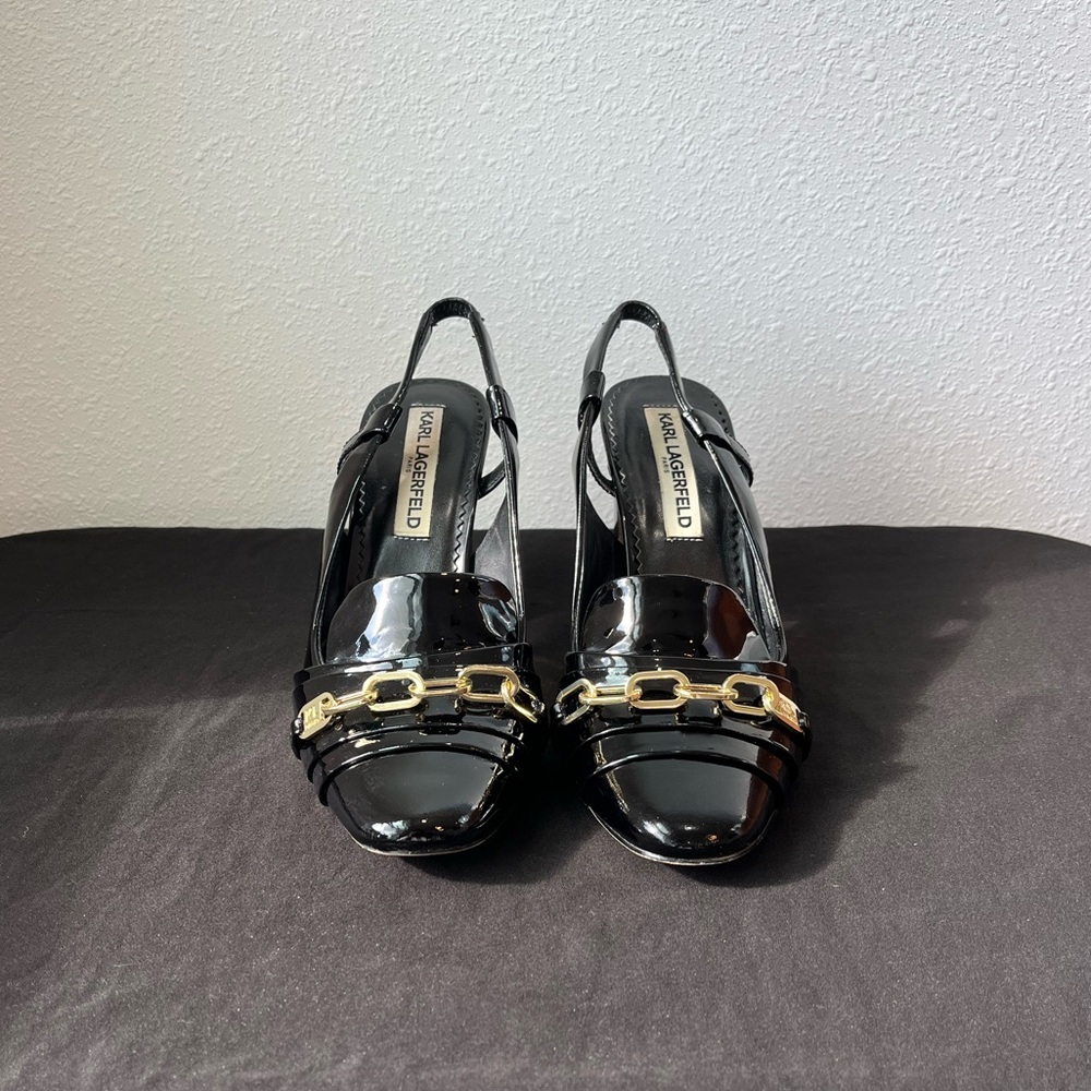 Karl Lagerfeld Black Patent Leather Gold Chain Slingback Heels Size 6.5